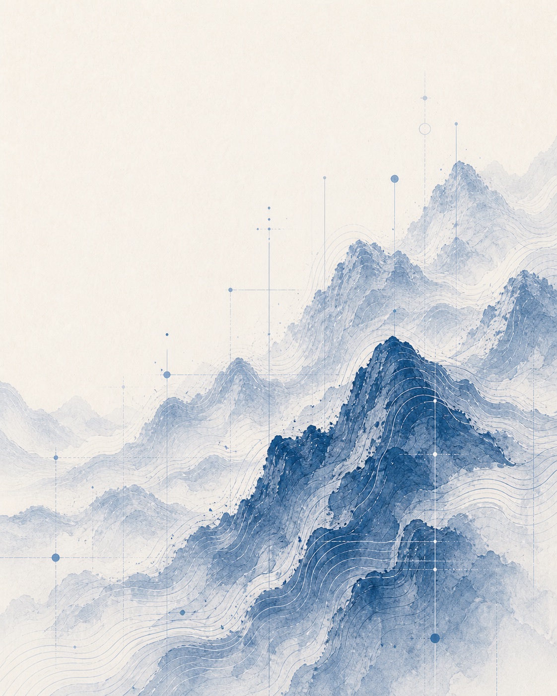 Layered blue mountains traced by fine contour lines