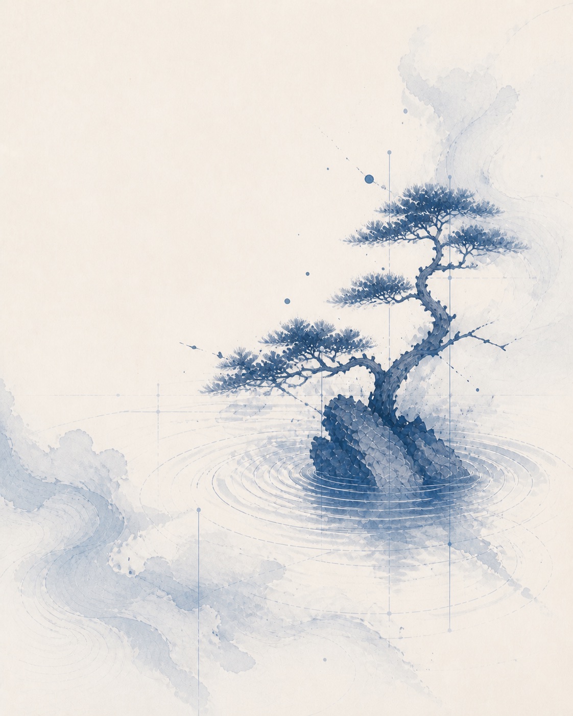 A living pine above quiet water, painted in blue ink