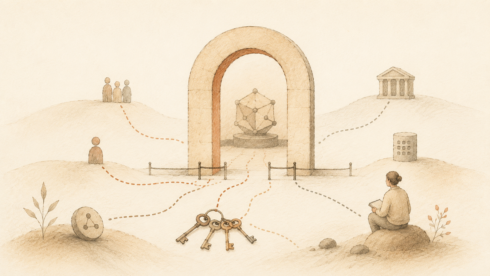 Warm sandstone illustration of paths converging on a gated frontier AI system, with a ring of keys in the foreground